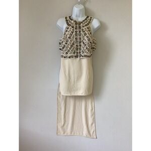 Bebe Top Women Extra Small Cream Halter Neck Sequins Sleeveless Hi Low Hem Fairy